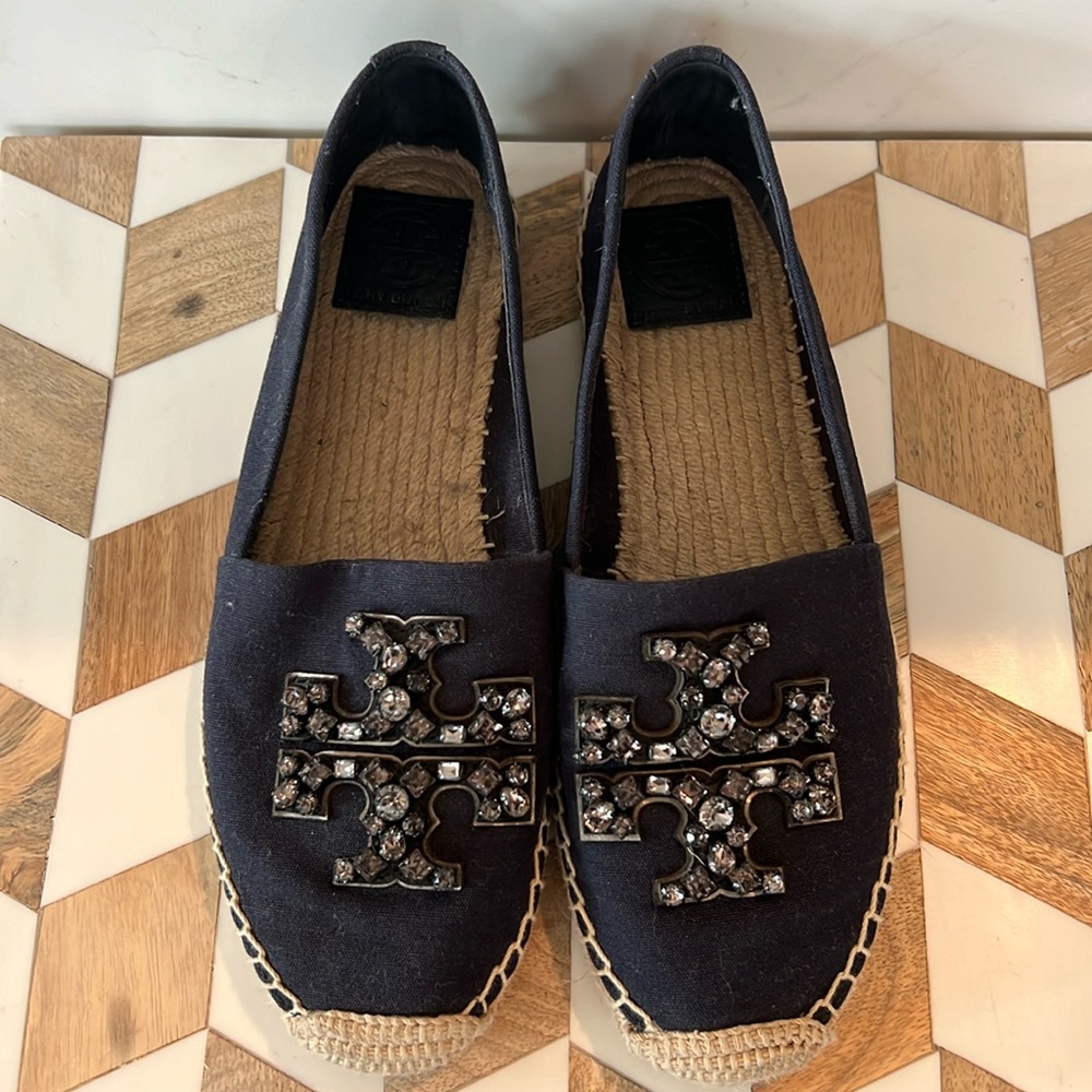Tory Burch Espadrilles Flats, size 7 1/2 , navy with beautiful beaded detailing